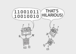 Robot telling a joke in binary code to another robot